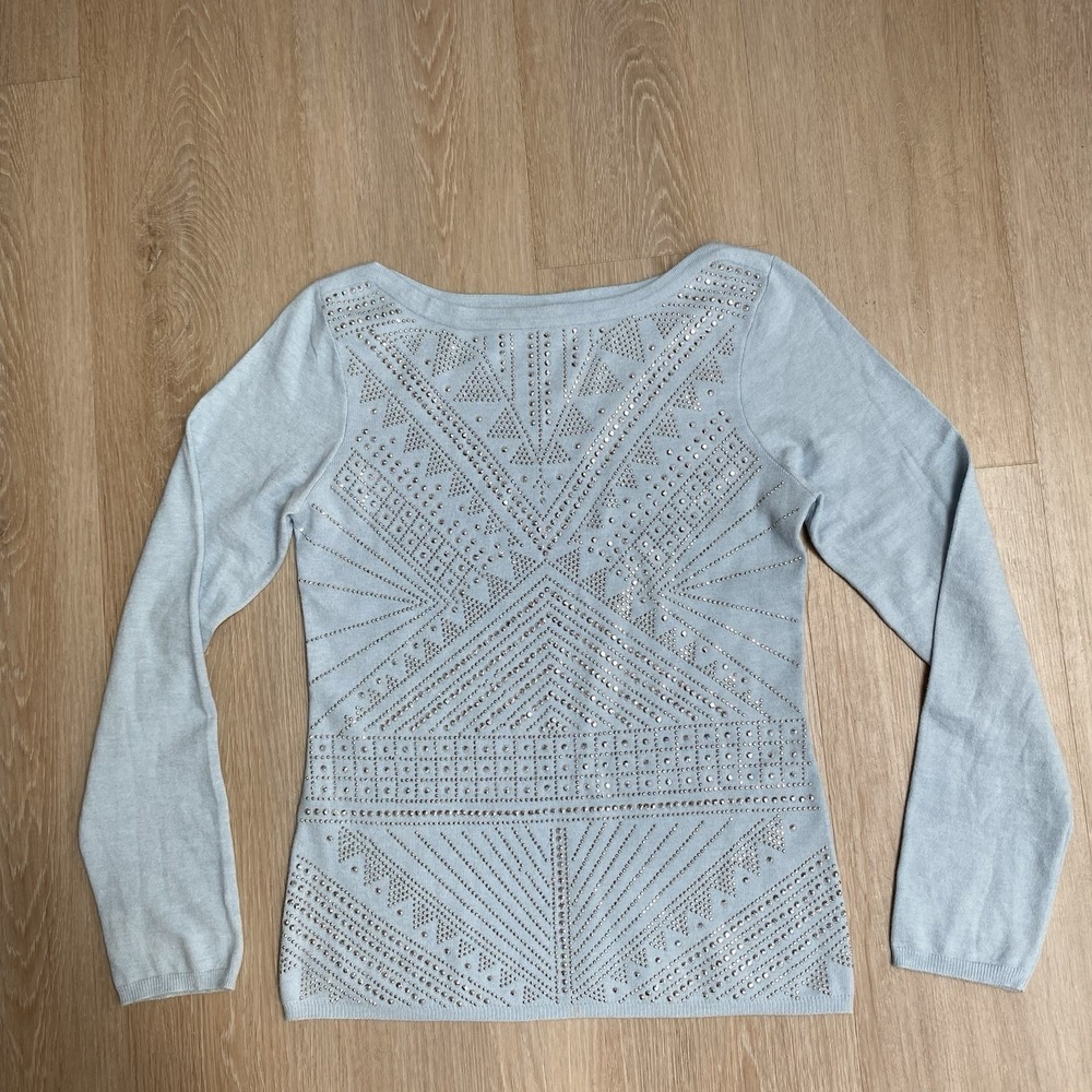Boston Proper Studded Rhinestone Geometric Knit Light Blue Boatneck Sweater SZ M
